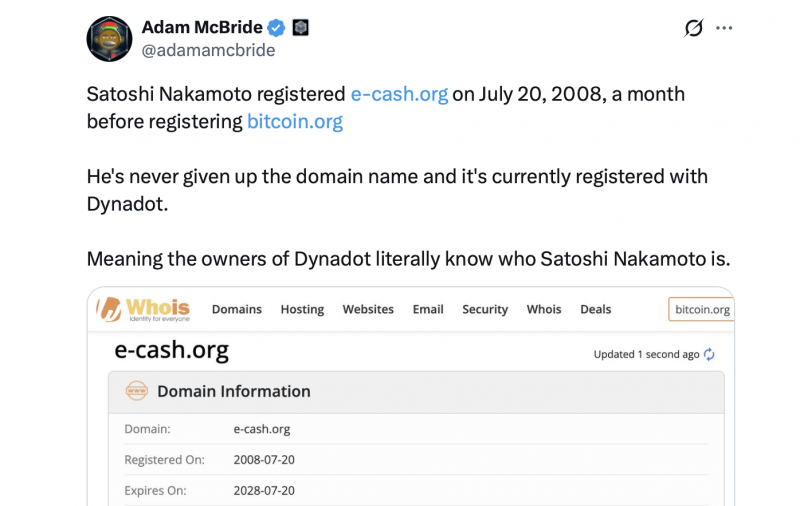 Домен, который, возможно, упустил Сатоши: E-cash.org появился на 29 дней раньше, чем Bitcoin.org &mdash; Крипто Новости