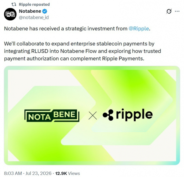 Ripple инвестирует в Notabene с целью расширения возможностей расчетов с использованием стейблкоина RLUSD для финансовых учреждений &mdash; Крипто Новости