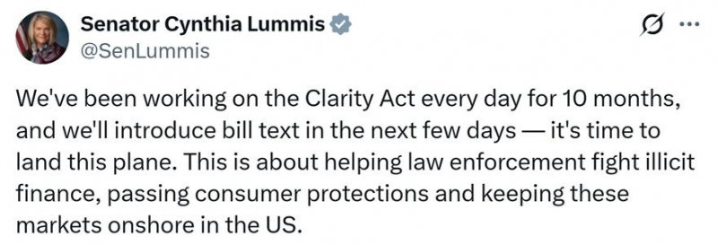 Законопроект Сената «CLARITY Act» готов к рассмотрению, текст законопроекта будет опубликован в ближайшие дни: сенатор Луммис — Крипто Новости