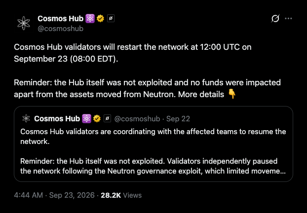 При перезапуске Cosmos Hub из кошелька пользователя, использующего уязвимостьtron выведено 1,23 миллиона ATOM без подписи владельца — Крипто Новости