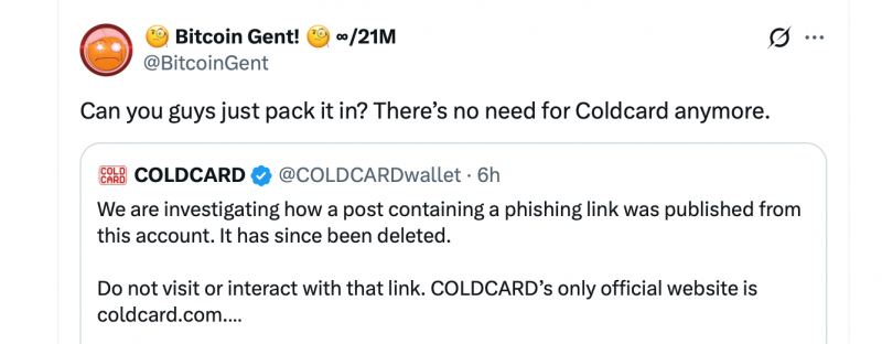 Аккаунт Coldcard X взломали фишингом после скандала на $100 млн — Крипто Новости